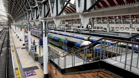 TATA communications Heathrow express train leaves Paddington Stock Footage 112882666