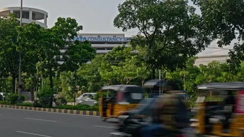 Tata Consultancy Services office building with trees in Gachibowli Vídeo Stock 247534822