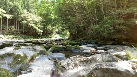 Tatamigafuchi Basalt columnar joint and stream Stock Footage 108378003