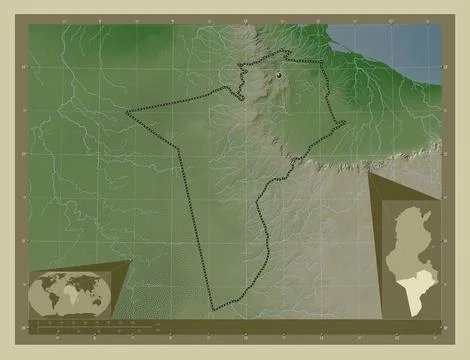 Tataouine, Tunisia. Elevation map colored in wiki style with lakes and rivers Illustrazione stock