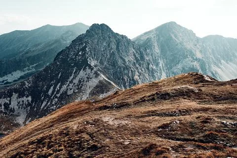 Tatra Mountains landscape. Scenic view of mountain rocky peaks, slopes, hills Stock Photos
