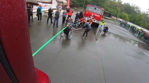 Tatra World Record Pull from Man in Wheelchair, Ostrava, Czechia - 23 Nov 2018 Video stock 205319906