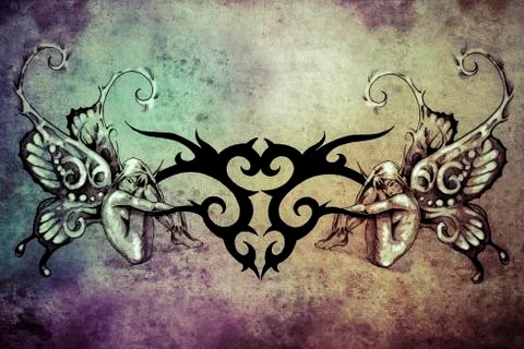 Tattoo art design, tribal with two nymphs on each side Stock Illustration
