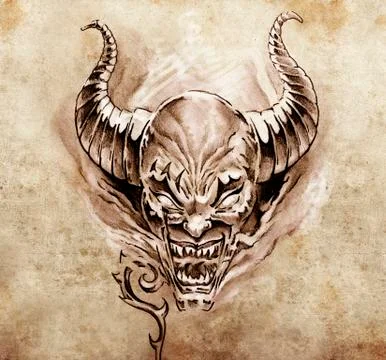 Tattoo art, sketch of a devil with big horns 스톡 일러스트