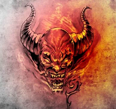Tattoo art, sketch of a devil with big horns イラスト素材
