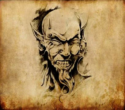 Tattoo art, sketch of a devil head 스톡 일러스트