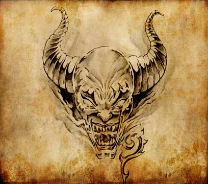 Tattoo art, sketch of a devil over vintage background 스톡 일러스트