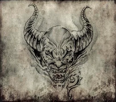 Tattoo art, sketch of a devil over vintage background イラスト素材