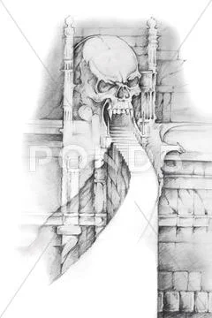 Tattoo art, sketch of hell gate Stock Illustration