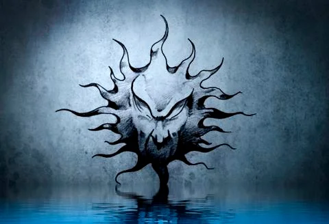 Tattoo dark sun with water reflection. illustration design over blue wall Illustrazione stock