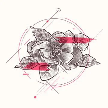 Tattoo flower with floral elements in dotwork style Stock Illustration