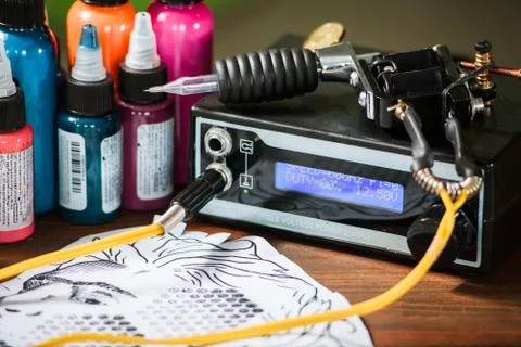 Tattoo machine with inks Stock Photos