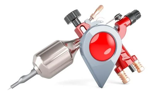 Tattoo machine with map pointer. 3D rendering Illustrazione stock