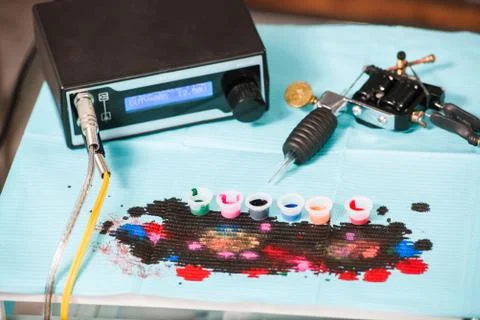 Tattoo-making equipment in studio Stock Photos