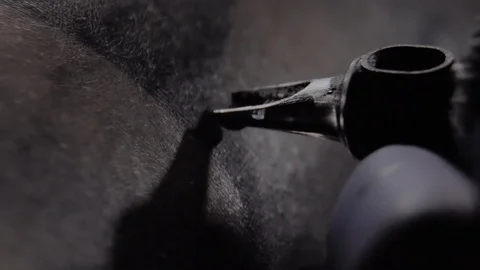 Tattoo master in blue gloves makes a tattoo, macro shot, slowmotion 動画素材 129320805