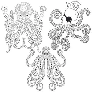 Tattoo Octopus set. Hand drawn zentangle tribal Octopuses for ad 스톡 일러스트