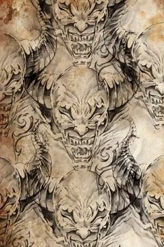 Tattoo pattern with demon designs over antique paper 库存插图