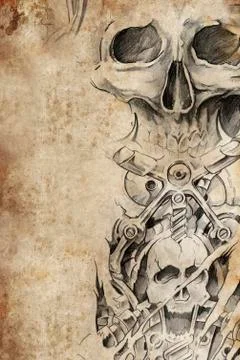 Tattoo pattern with evil designs over antique paper Stock Illustration