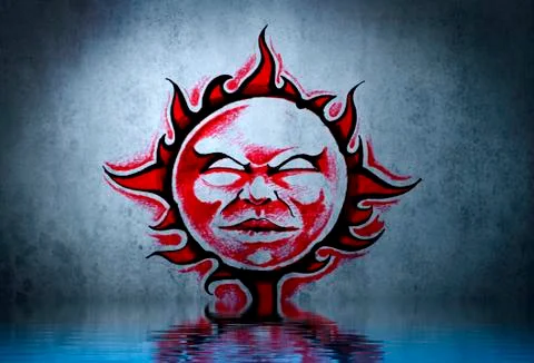 Tattoo red sun with water reflection. illustration design over blue wall Illustrazione stock