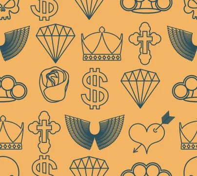 Tattoo seamless pattern. Skull and brass knuckles. Rose and heart with an a.. 库存插图