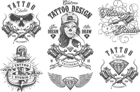 Tattoo Studio Custom Design Labels and Emblems Set Stock Illustration