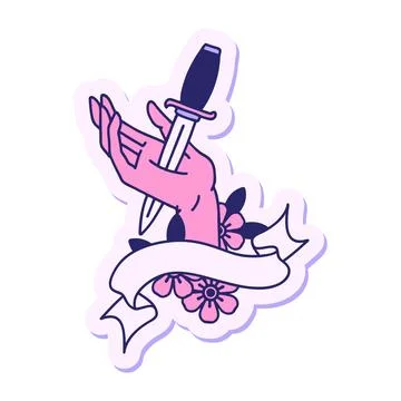 Tattoo style sticker with banner of a dagger in the hand in bright neon color Stock Illustration