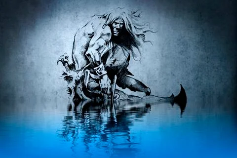 Tattoo warrior in the war on blue wall with water reflections Illustrazione stock