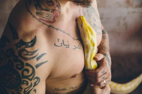 Tattooed man hugging a python 写真素材