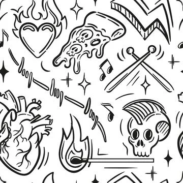 A tattooinspired pattern with hearts, skulls, and fire, showcasing bold Stock Illustration