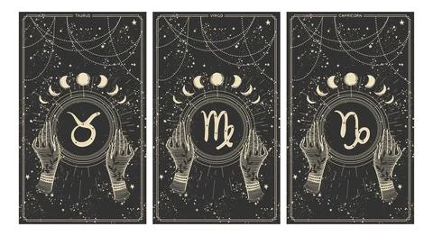 Taurus, virgo, capricorn, earth element zodiac signs, set of astrology cards for Stock Illustration