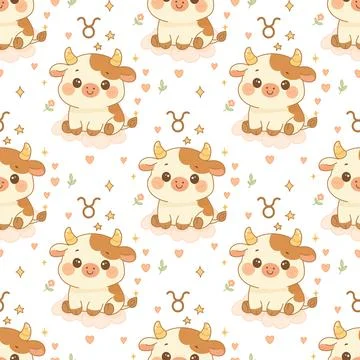 Taurus zodiac sign pattern, cute baby calf illustration Stock Illustration