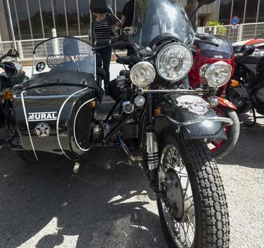 TAVERNES BLANQUES, SPAIN - JUNE 14, 2026.Black vintage Ural sidecar motorcy.. Foto stock