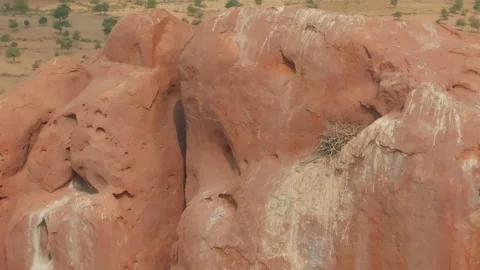 Tawny Eagle Nest Perched on Sheer Sindh Desert Cliff, Drone Flyby Stock Footage 345729905