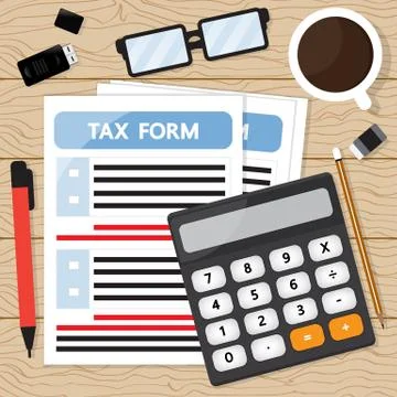 Tax calculation on wood table Stock Illustration