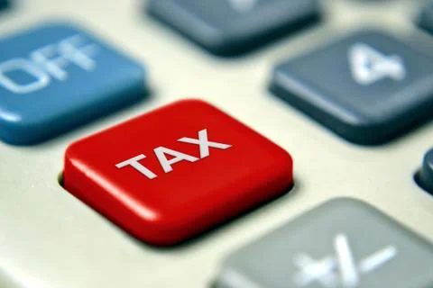 Tax calculator with red button Stock Photos