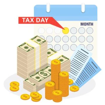 Tax day concept. Stack of money and calendar Illustrazione stock