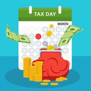 Tax day concept. Stack of money, purse and calendar Illustrazione stock