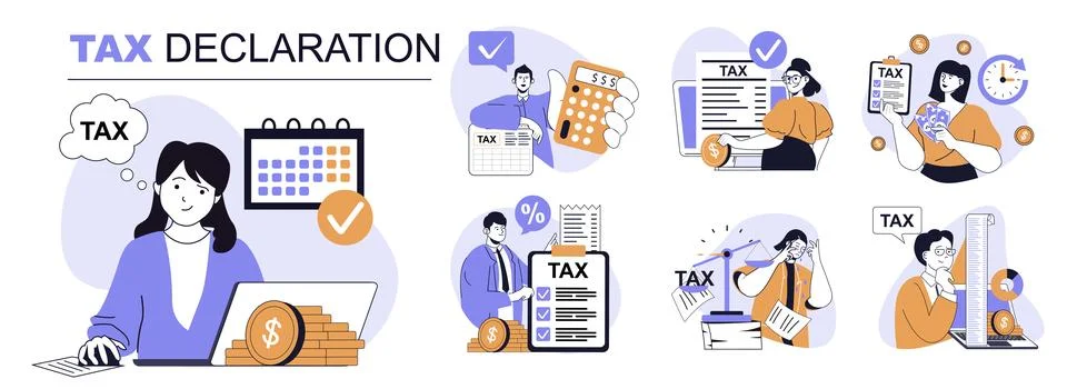 Tax declaration concept set in flat web design. People in isolated scenes c.. Stock Illustration
