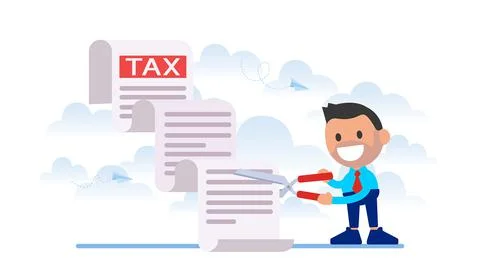 Tax Deduction. Man with scissors cut long list tax document.	 Stock Illustration