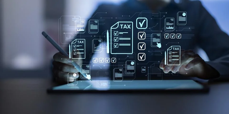 Tax Document Workflow Interface with Digital Interaction and Checklist Icons 스톡 사진