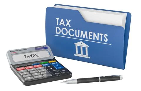 Tax documents folder with calculator and pen. 3D rendering Stock Illustration