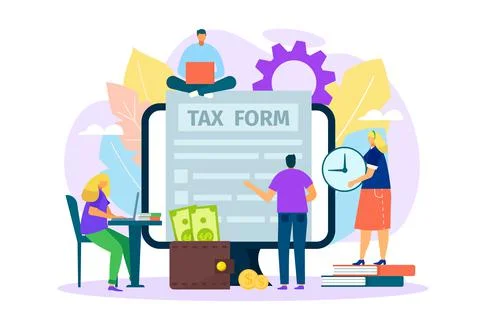 Tax form at computer, online document about business finance concept, vector Stock Illustration