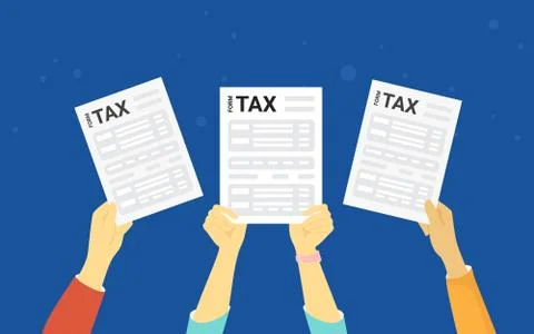 TAX form concept vector illustration of people showing fullfilled papers. Stock Illustration