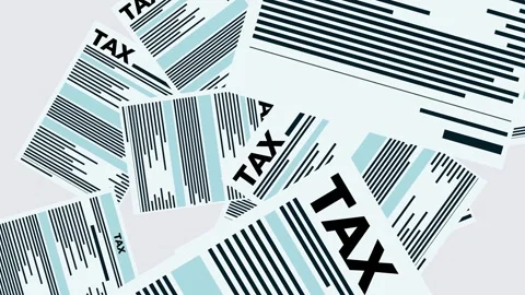 Tax forms accumulating on a gray background, isolated Stock Footage 314090854