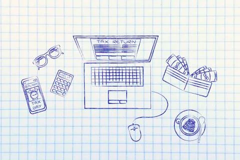 Tax forms on laptop screen with office objects &amp; phone alert 스톡 일러스트