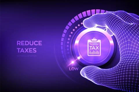 TAX levels knob button. Wireframe hand setting TAX button on lowest position. Stock Illustration