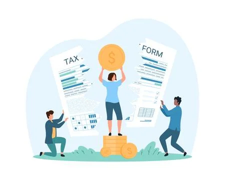 Tax payment reduction, less deductions, business accounting, tiny people cut tax 스톡 일러스트