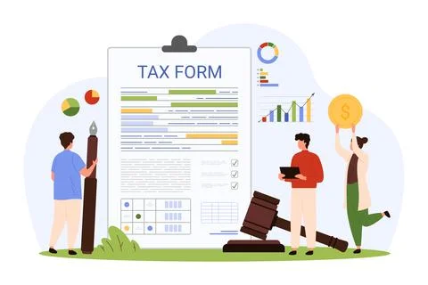 Tax payment, tiny people work with tax form paper document and financial data 스톡 일러스트