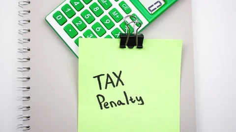 Tax penalty text, note with notebook and calculator, animation. Stock Footage 315462003