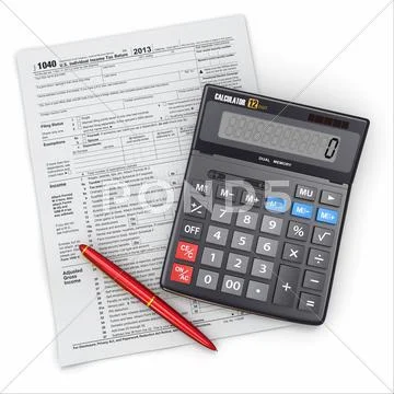 Tax return 1040, calculator and pencil on white background. 3d Stock Illustration